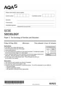 AQA GCSE SOCIOLOGY 8192/1  Paper 1 The Sociology of Families and Education question paper june 2024