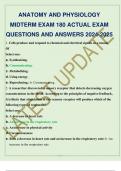 ANATOMY AND PHYSIOLOGY MIDTERM EXAM 180 ACTUAL EXAM QUESTIONS AND ANSWERS 2024-2025