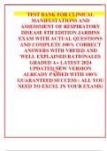 TEST BANK FOR CLINICAL MANIFESTATIONS AND ASSESSMENT OF RESPIRATORY DISEASE 8TH EDITION JARDINS EXAM WITH ACTUAL QUESTIONS AND COMPLETE 100% CORRECT ANSWERS WITH VRFIED AND WELL EXPLAINED RATIONALES GRADED A+ LATEST 2024 UPDATED NEW VERSION ALREADY PASSED