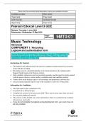 Pearson Edexcel Level 3 GCE Music Technology Advanced  COMPONENT 1:  Recording Logbook and authentication form Release: Thursday 1 June 2023  Submission: Wednesday 15 May 2024 