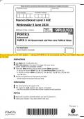 Pearson Edexcel Level 3 GCE politics  Advanced PAPER 2: UK Government and Non-core Political Ideas QP  JUNE 2024 