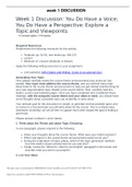 ENGL 147N Week 1 Discussion: You Do Have a Voice: You Do Have a Perspective, Explore a Topic and Viewpoints (graded A) Generating Your Topic First, please carefully review the course theme announcement your instructor has posted. Your topic must address t