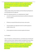 2022/2023 UPDATE NURSING NR292 Leadership Roles and Management Functions in Nursing 10th Edition Marquis Huston Test Bank-CORRECT ANSWERS EXPLAINED  2 Exam (elaborations) LEADERSHIP NR504 Week 1 Leadership, Management 156 Questions and Answers 100% correc