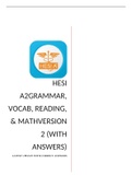 HESI A2 Grammar, Vocab, Reading, & Math Version 2 (with ANSWERS)LATEST UPDATE FOR 2022