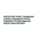 MATH 225N; Week 7 Assignment - Conduct a Hypothesis Test for Proportion- P-Value Approach (Q&A) Latest 2022/2023