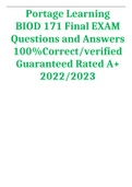 Portage Learning BIOD 171 Final EXAM Questions and Answers 100%Correct/verified Guaranteed Rated A+ 2022/2023