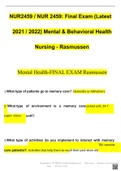 NUR 2459 / NUR2459 Final Exam: Mental and Behavioral Health Nursing Final Exam Review  Rasmussen  (100% Verified Answers by Expert)