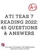 ATI TEAS 7 READING 2022; 45 QUESTIONS & ANSWERS