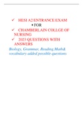 HESI A2 ENTRANCE EXAM   FOR  CHAMBERLAIN COLLGE OF  NURSING   2023 QUESTIONS WITH  ANSWERS Biology, Grammar, Reading,Math& vocabulary