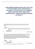 NURS 6630 MIDTERM EXAM LATEST 2022-2023 PSYCHOPHARMACOLOGIC APPROACHES TO TREATMENT OF PSYCHOPATHOLOGY NURS6630 WEEK 6 MIDTERM EXAM  NURS-6630N MIDTERM EXAM  VERIFIED ANSWERS (WALDEN UNIVERSITY)