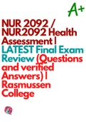 NUR 2092 / NUR2092 Health Assessment | LATEST Final Exam Review (Questions and verified Answers) | Rasmussen College