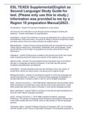 ESL TEXES Supplemental(English as Second Language/ Study Guide for test. (Please only use this to study.) Information was provided to me by a Region 10 preparation Manual)2023. 