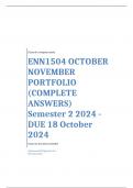 ENN1504 OCTOBER NOVEMBER PORTFOLIO (COMPLETE ANSWERS) Semester 2 2024 - DUE 18 October 2024; 100% TRUSTED Complete, trusted solutions and explanations. Ensure your success with us... 