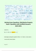 Solving Linear Equations: Distributive Property Exam/ Questions with Certified Answers/ 2024-2025.  Solve for x. 6(x - 1) = 9(x + 2) - Answer: x = -8  Kate begins solving the equation 2/3(6x - 3) = 1/2(6x - 4). Her work is correct and is shown below.  Whe