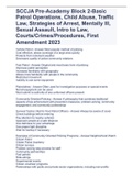SCCJA Pre-Academy Block 2-Basic Patrol Operations, Child Abuse, Traffic Law, Strategies of Arrest, Mentally Ill, Sexual Assault, Intro to Law, Courts/Crimes/Procedures, First Amendment 2023