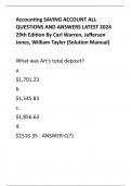 Accounting SAVING ACCOUNT ALL  QUESTIONS AND ANSWERS LATEST 2024  29th Edition By Carl Warren, Jefferson  Jones, William Tayler (Solution Manual) 