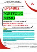 LPL4802 PORTFOLIO MEMO - OCT./NOV.  2024 - SEMESTER 2 - UNISA - DUE DATE :- 23 - 30 OCTOBER 2024 - UNIQUE NUMBER :-  258267 (DETAILED ANSWERS WITH FOOTNOTES AND BIBLIOGRAPHY - DISTINCTION GUARANTEED!) 