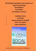 Social Psychology Myers 3rd, 69 test bank questions with anwsers, summer 2024, University California