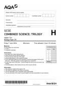 AQA GCSE COMBINED SCIENCE: TRILOGY Higher Tier Biology Paper 2H question paper june 2024 8464/B/2H