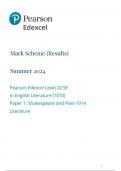 Pearson Edexcel Level GCSE In English Literature (1ET0) Paper 1: Shakespeare and Post-1914 Literature mark scheme june 2024 1et0-01