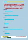 Nursing 3366: Mechanisms of Defense &  Alterations: Inflammation, Immune Function Questions and Correct Answers the Latest  Update and Recommended Version