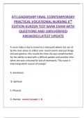 ATI LEADERSHIP FINAL |CONTEMPORARY  PRACTICAL VOCATIONAL NURSING 9TH EDITION KURZEN TEST BANK EXAM WITH  QUESTIONS AND 100%VERIFIED ANSWERS|LATEST UPDATE