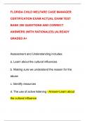 FLORIDA CHILD WELFARE CASE MANAGER  CERTIFICATION EXAM ACTUAL EXAM TEST  BANK 200 QUESTIONS AND CORRECT  ANSWERS (WITH RATIONALES) |ALREADY  GRADED A+