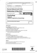 Pearson Edexcel Level 3 GCE Psychology Advanced PAPER 2: Applications of psychology 9PS0/02 question paper june 2024 