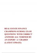   REAL ESTATE FINANCE CHAMPIONS SCHOOL EXAM QUESTIONS  WITH CORRECT ANSWERS ALL VERIFIED BY AN EXPERT  A+ GRADED (LATEST UPDATE)